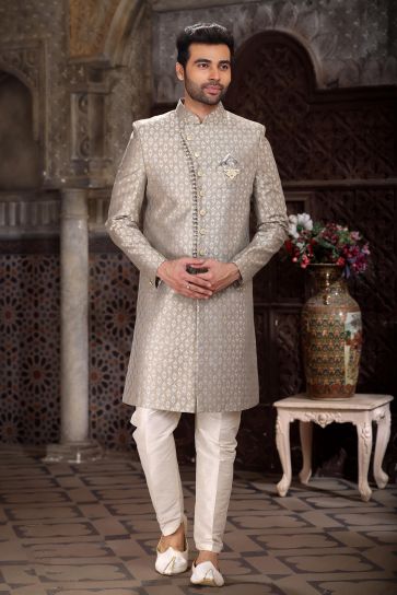 Excellent Banarasi Jacquard Fabric Dark Beige Color Readymade Indo Western For Men