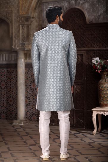 Grey Color Banarasi Jacquard Fabric Stunning Readymade Indo Western For Men