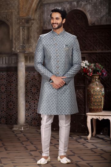 Grey Color Banarasi Jacquard Fabric Stunning Readymade Indo Western For Men