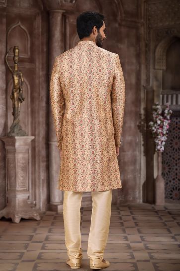 Sangeet Wear Appealing Art Silk Fabric Printed Readymade Indo Western Sherwani In Beige Color