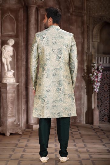 Engaging Art Silk Fabric Wedding Wear Printed Readymade Indo Western Sherwani In Sea Green Color