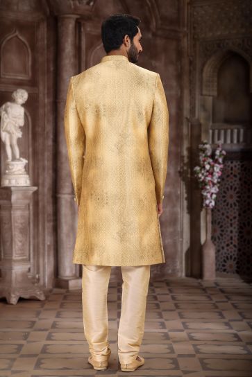 Captivating Art Silk Fabric Printed Reception Wear Readymade Indo Western Sherwani In Yellow Color