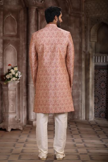 Stunning Printed Peach Color Readymade Indo Western Sherwani In Art Silk Fabric