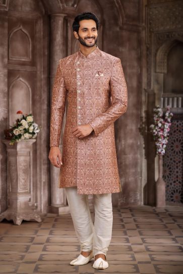 Dusky Art Silk Fabric Peach Color Printed Readymade Indo Western Sherwani For Wedding Wear