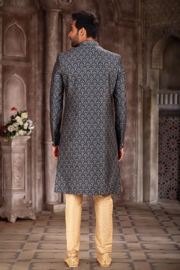 Reception Wear Vivacious Art Silk Fabric Teal Color Printed Readymade Indo Western Sherwani
