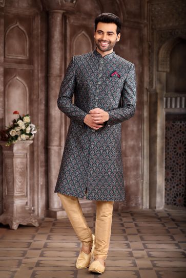Reception Wear Vivacious Art Silk Fabric Teal Color Printed Readymade Indo Western Sherwani