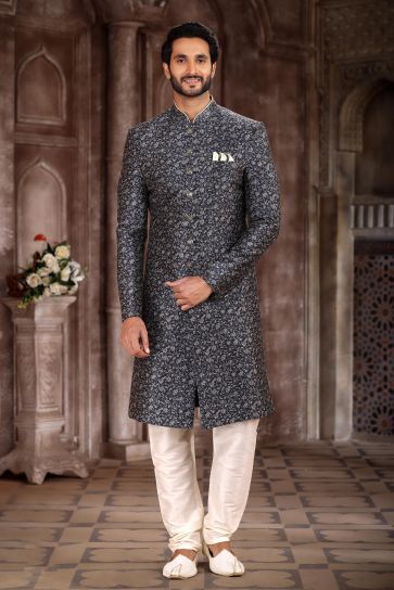 Blissful Art Silk Fabric Black Printed Wedding Function Readymade Indo Western Sherwani For Men