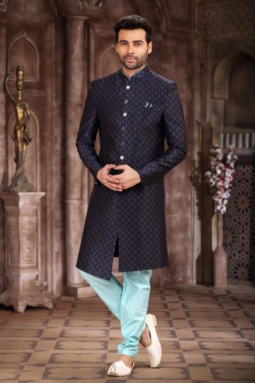 Attractive Sangeet Wear Navy Blue Color Printed Readymade Indo Western Sherwani In Art Silk Fabric