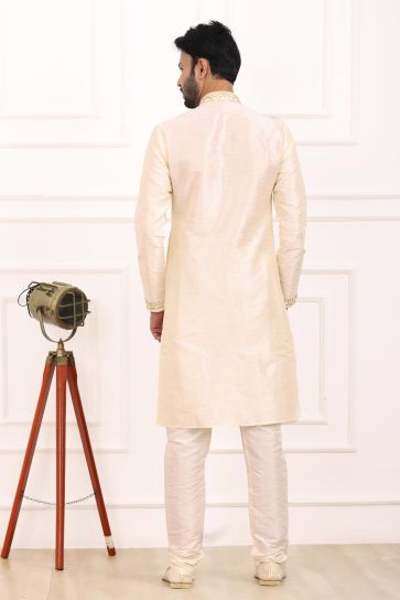Appealing Cream Color Banarasi Art Silk Fabric Readymade Kurta Pyjama For Men
