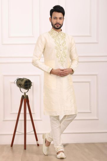 Appealing Cream Color Banarasi Art Silk Fabric Readymade Kurta Pyjama For Men