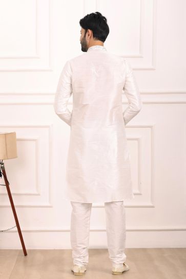 Engaging Off White Color Readymade Banarasi Art Silk Fabric Kurta Pyjama For Men