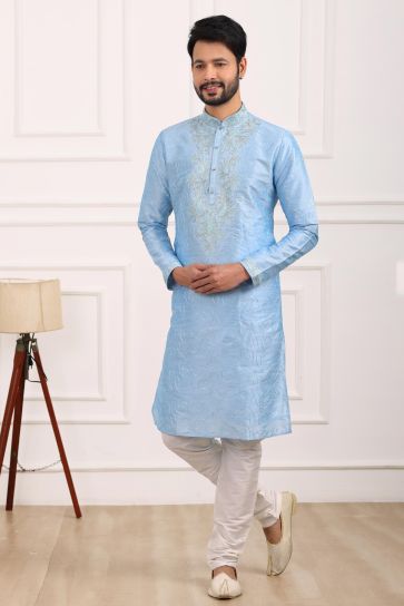 Captivating Banarasi Art Silk Fabric Readymade Sky Blue Color Kurta Pyjama For Men