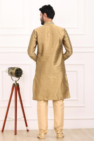 Fetching Banarasi Art Silk Fabric Readymade Kurta Pyjama For Men In Beige Color