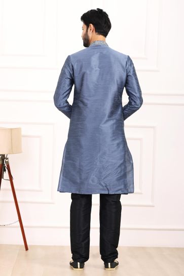 Stunning Blue Color Readymade Kurta Pyjama For Men In Banarasi Art Silk Fabric