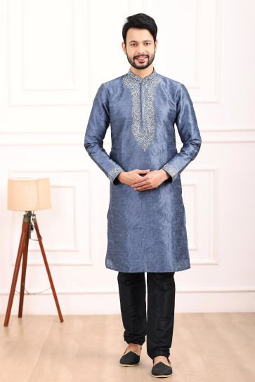 Stunning Blue Color Readymade Kurta Pyjama For Men In Banarasi Art Silk Fabric