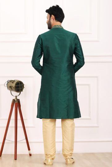Trendy Dark Green Color Banarasi Art Silk Fabric Readymade Kurta Pyjama For Men