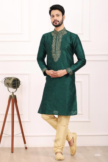 Trendy Dark Green Color Banarasi Art Silk Fabric Readymade Kurta Pyjama For Men