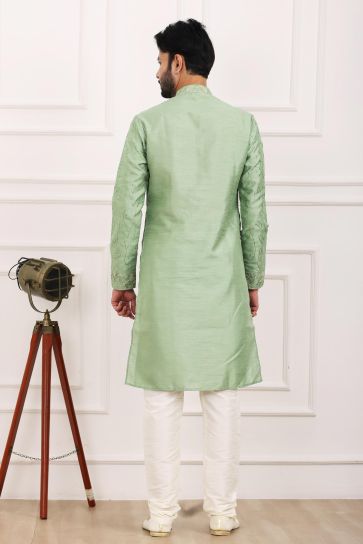 Fantastic Sea Green Color Banarasi Art Silk Fabric Kurta Pyjama For Men