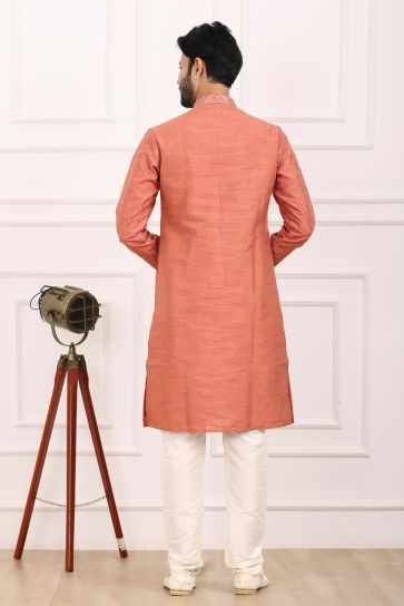 Dusky Peach Color Banarasi Art Silk Fabric Readymade Kurta Pyjama For Men