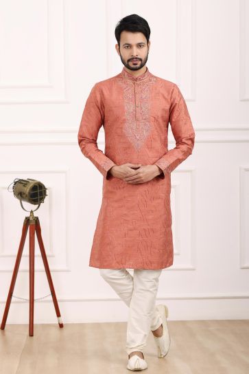Dusky Peach Color Banarasi Art Silk Fabric Readymade Kurta Pyjama For Men