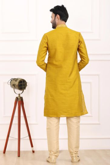 Vivacious Banarasi Art Silk Fabric Readymade Kurta Pyjama For Men In Yellow Color