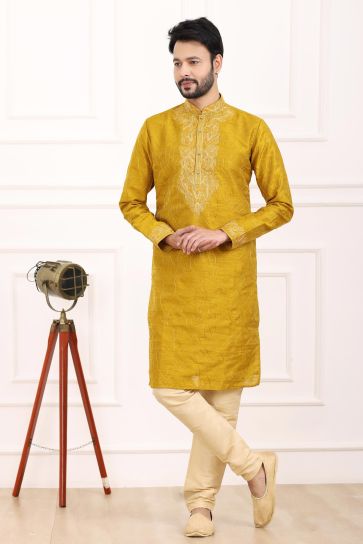 Vivacious Banarasi Art Silk Fabric Readymade Kurta Pyjama For Men In Yellow Color