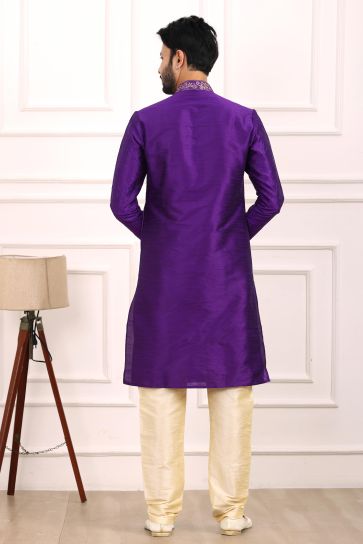 Blissful Purple Color Banarasi Art Silk Fabric Kurta Pyjama For Men