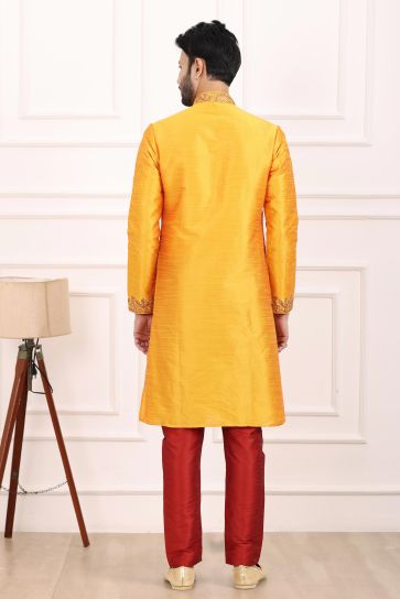 Attractive Mustard Color Readymade Kurta Pyjama For Men In Banarasi Art Silk Fabric