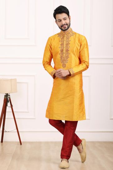 Attractive Mustard Color Readymade Kurta Pyjama For Men In Banarasi Art Silk Fabric