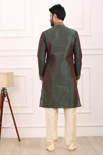 Enriching Green Color Readymade Banarasi Art Silk Fabric Kurta Pyjama For Men