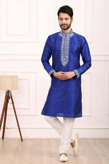 Splendiferous Blue Color Banarasi Art Silk Fabric Kurta Pyjama For Men