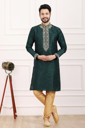 Readymade Royal Dark Green Color Banarasi Art Silk Fabric Kurta Pyjama For Men