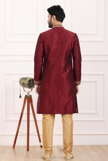 Fascinate Banarasi Art Silk Fabric Kurta Pyjama For Men In Maroon Color