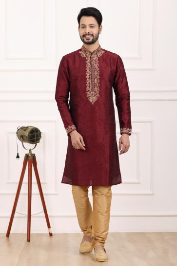 Fascinate Banarasi Art Silk Fabric Kurta Pyjama For Men In Maroon Color