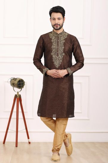 Remarkable Brown Color Banarasi Art Silk Fabric Kurta Pyjama For Men