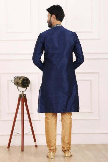 Sober Banarasi Art Silk Fabric Kurta Pyjama In Navy Blue Color