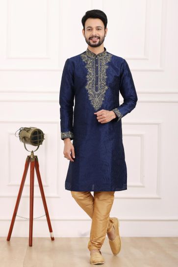 Sober Banarasi Art Silk Fabric Kurta Pyjama In Navy Blue Color