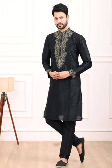 Graceful Black Color Banarasi Art Silk Fabric Readymade Kurta Pyjama For Men