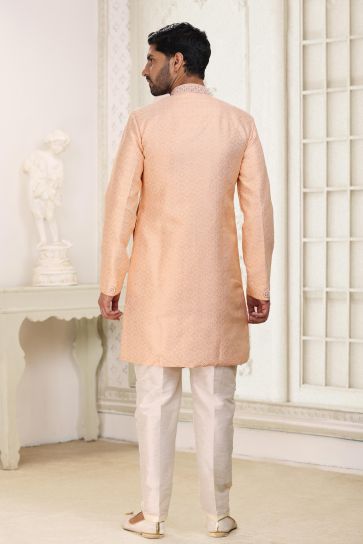 Peach Color Banarasi Jacquard Fabric Trendy Readymade Indo Western For Men