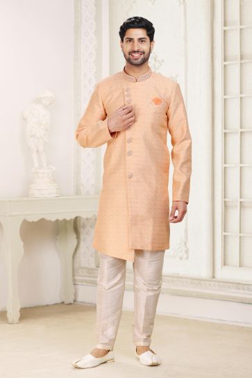 Peach Color Banarasi Jacquard Fabric Trendy Readymade Indo Western For Men