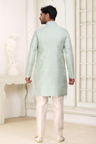 Banarasi Jacquard Fabric Sea Green Color Lavish Readymade Indo Western For Men