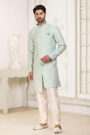 Banarasi Jacquard Fabric Sea Green Color Lavish Readymade Indo Western For Men
