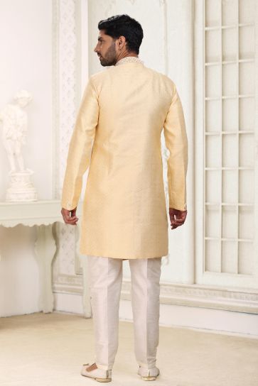 Magnificent Banarasi Jacquard Fabric Yellow Color Readymade Indo Western For Men