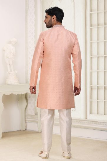 Peach Color Splendid Readymade Indo Western For Men In Banarasi Jacquard Fabric