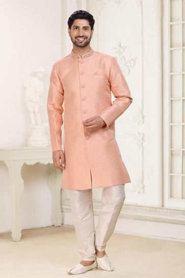Peach Color Splendid Readymade Indo Western For Men In Banarasi Jacquard Fabric