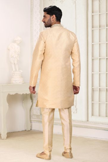 Banarasi Jacquard Fabric Brilliant Readymade Indo Western For Men In Beige Color