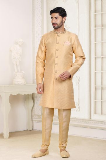Banarasi Jacquard Fabric Brilliant Readymade Indo Western For Men In Beige Color