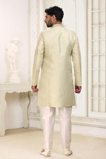 Banarasi Jacquard Fabric Sea Green Color Stunning Readymade Indo Western For Men
