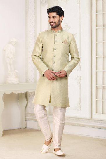 Banarasi Jacquard Fabric Sea Green Color Stunning Readymade Indo Western For Men