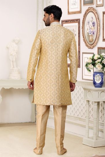Beige Color Charming Banarasi Jacquard Fabric Readymade Indo Western For Men